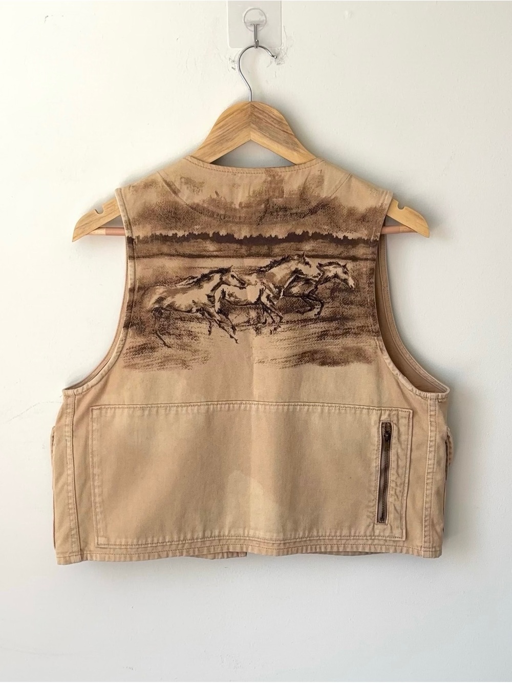 Vintage Ralph Lauren Utility Vest Size L Khaki Equestrian Horse Scene Cargo